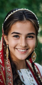 A young Tajik girl 18 years old beams with joy surrounded by lush greenery reflecting her cultural heritage. The sunlight accentuates her cheerful expression and traditional clothing. Generated by AI.