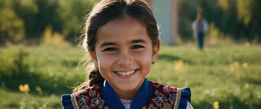 A young smiling girl 5 years old of Tajik nationality stands outdoors, dressed in traditional attire. AI generated