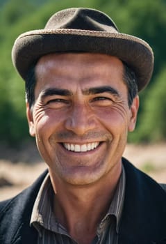 A joyful Tajik man 45 years old dressed in traditional clothing beams with a bright smile against a stunning backdrop, exuding warmth and happiness. A resident of Tajikistan. Generated by AI.
