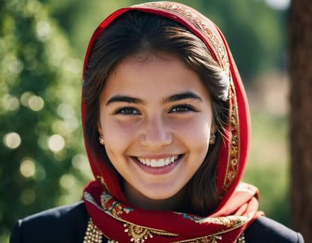 A young Tajik girl 18 years old beams with joy surrounded by lush greenery reflecting her cultural heritage. The sunlight accentuates her cheerful expression and traditional clothing. Generated by AI.