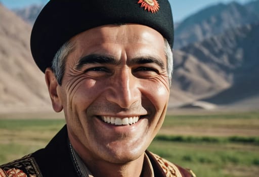 A joyful Tajik man 45 years old dressed in traditional clothing beams with a bright smile against a stunning backdrop, exuding warmth and happiness. A resident of Tajikistan. Generated by AI.