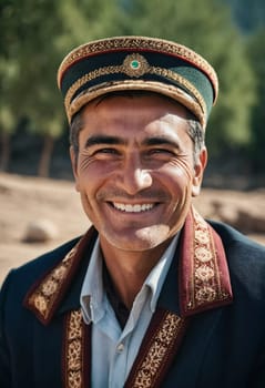 A joyful Tajik man 45 years old dressed in traditional clothing beams with a bright smile against a stunning backdrop, exuding warmth and happiness. A resident of Tajikistan. Generated by AI.