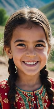 A young smiling girl 5 years old of Tajik nationality stands outdoors, dressed in traditional attire. AI generated