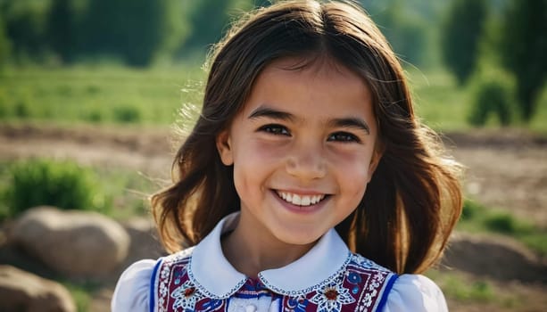 A young smiling girl 5 years old of Tajik nationality stands outdoors, dressed in traditional attire. AI generated