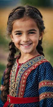 A young smiling girl 5 years old of Tajik nationality stands outdoors, dressed in traditional attire. AI generated