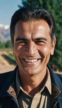 A joyful Tajik man 45 years old dressed in traditional clothing beams with a bright smile against a stunning backdrop, exuding warmth and happiness. A resident of Tajikistan. Generated by AI.