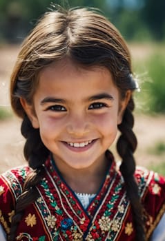 A young smiling girl 5 years old of Tajik nationality stands outdoors, dressed in traditional attire. AI generated