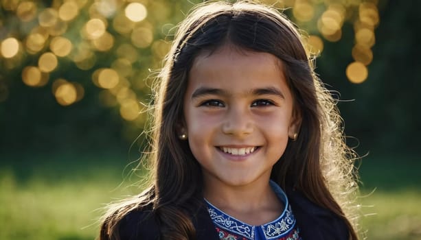A young smiling girl 5 years old of Tajik nationality stands outdoors, dressed in traditional attire. AI generated