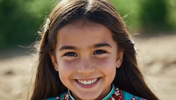 A young smiling girl 5 years old of Tajik nationality stands outdoors, dressed in traditional attire. AI generated
