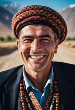 A joyful Tajik man 45 years old dressed in traditional clothing beams with a bright smile against a stunning backdrop, exuding warmth and happiness. A resident of Tajikistan. Generated by AI.