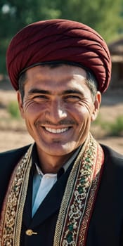 A joyful Tajik man 45 years old dressed in traditional clothing beams with a bright smile against a stunning backdrop, exuding warmth and happiness. A resident of Tajikistan. Generated by AI.