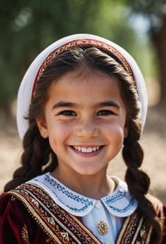 A young smiling girl 5 years old of Tajik nationality stands outdoors, dressed in traditional attire. AI generated