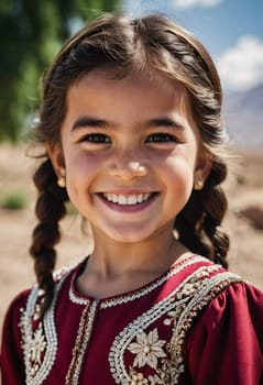 A young smiling girl 5 years old of Tajik nationality stands outdoors, dressed in traditional attire. AI generated