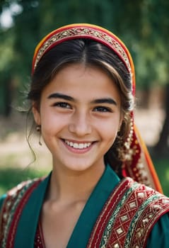 A young Tajik girl 18 years old beams with joy surrounded by lush greenery reflecting her cultural heritage. The sunlight accentuates her cheerful expression and traditional clothing. Generated by AI.
