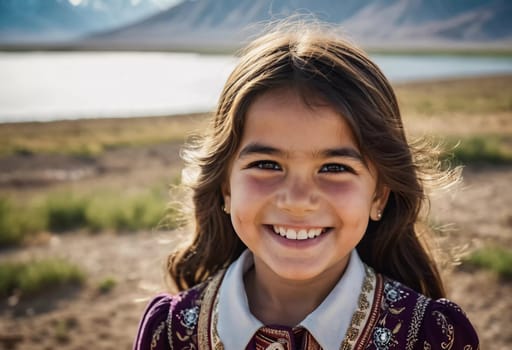 A young smiling girl 5 years old of Tajik nationality stands outdoors, dressed in traditional attire. AI generated