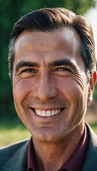 A joyful Tajik man 45 years old dressed in traditional clothing beams with a bright smile against a stunning backdrop, exuding warmth and happiness. A resident of Tajikistan. Generated by AI.