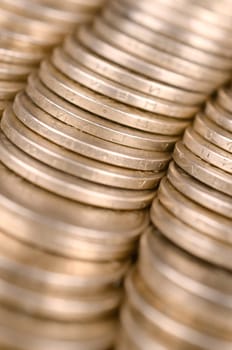 Large pile of big golden coins. Financial success money background for rich life concepts, banking and profit in Ukraine