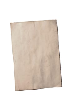 Old blank piece of antique vintage crumbling paper manuscript or parchment vertically oriented isolated on white