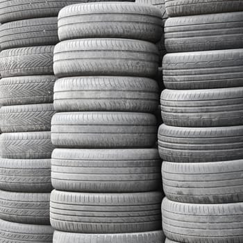 Old used tires stacked with high piles in secondary car parts shop garage close up