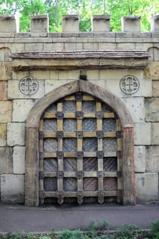 Old style wooden door from medieval era. Entrance to an antique place close up