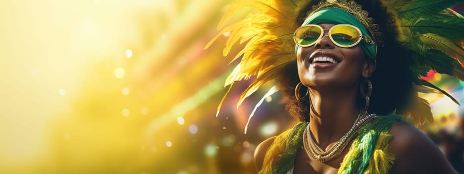 Mardi gras background with Brasil carnival bright dressed woman and copy space. AI Generated content
