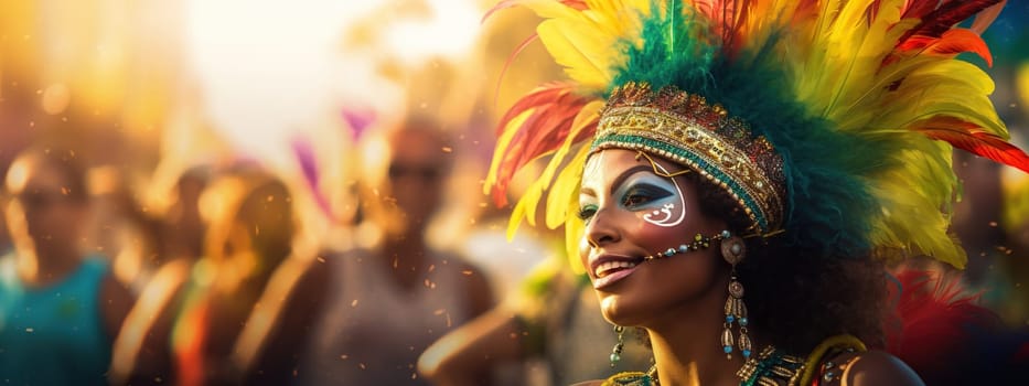 Mardi gras background with Brasil carnival bright dressed woman and copy space. AI Generated content