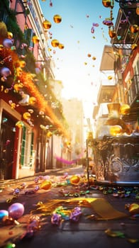 Confetti and Mardi Gras carnival decorations city street festival background. AI Generated content