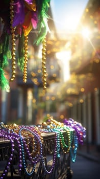 Confetti and Mardi Gras carnival decorations city street festival background. AI Generated content