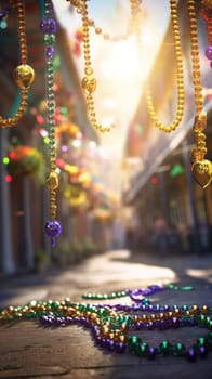 Confetti and Mardi Gras carnival decorations city street festival background. AI Generated content