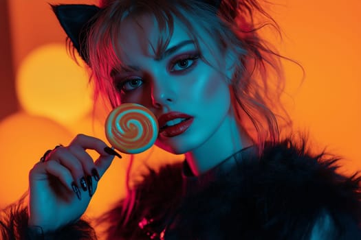 Luxury Studio Shot of A cute girl dressed Werewolf costume eating a big swirl lollipop . halloween  concept