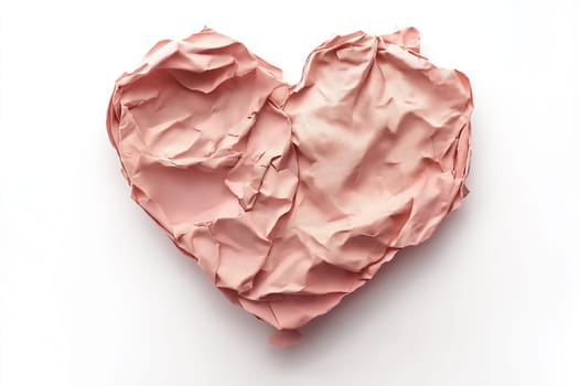 A crumpled pink heart-shaped paper is isolated on a white background, representing the concept of a broken heart.