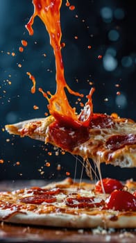 Dramatic capture of cheese pizza slice with toppings flying mid air explosion. AI Generated content