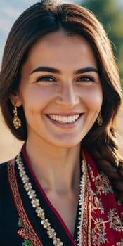 A Tajik woman 30 years old stands gracefully, showcasing her traditional attire against a breathtaking backdrop of mountains and lush green fields, reflecting her cultural roots. Generated by AI.