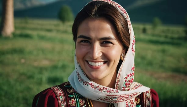 A Tajik woman 30 years old stands gracefully, showcasing her traditional attire against a breathtaking backdrop of mountains and lush green fields, reflecting her cultural roots. Generated by AI.