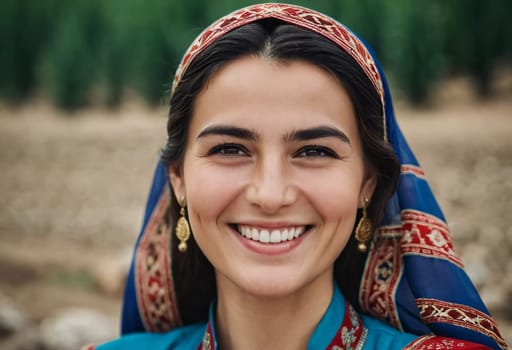 A Tajik woman 30 years old stands gracefully, showcasing her traditional attire against a breathtaking backdrop of defocused lush greenery, reflecting her cultural roots. Generated by AI.