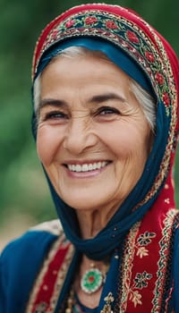 A mature Tajik woman 75 years old smiles showcasing intricate traditional attire and rich cultural heritage of her nationality, evoking wisdom and grace. Brunette woman, wearing a headscarf. AI.
