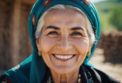A mature Tajik woman 75 years old smiles showcasing intricate traditional attire and rich cultural heritage of her nationality, evoking wisdom and grace. Brunette woman, wearing a headscarf. AI.