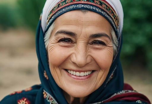 A mature Tajik woman 75 years old smiles showcasing intricate traditional attire and rich cultural heritage of her nationality, evoking wisdom and grace. Brunette woman, wearing a headscarf. AI.