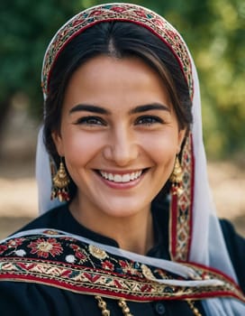 A Tajik woman 30 years old stands gracefully, showcasing her traditional attire against a breathtaking backdrop of defocused lush greenery, reflecting her cultural roots. Generated by AI.