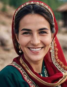A Tajik woman 30 years old stands gracefully, showcasing her traditional attire against a breathtaking backdrop of defocused lush greenery, reflecting her cultural roots. Generated by AI.