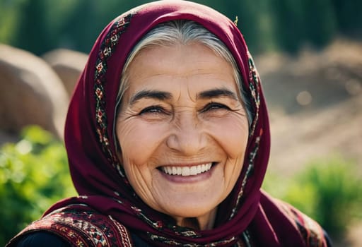 A mature Tajik woman 75 years old smiles showcasing intricate traditional attire and rich cultural heritage of her nationality, evoking wisdom and grace. Brunette woman, wearing a headscarf. AI.