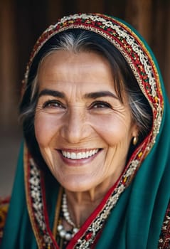 A mature Tajik woman 75 years old smiles showcasing intricate traditional attire and rich cultural heritage of her nationality, evoking wisdom and grace. Brunette woman, wearing a headscarf. AI.