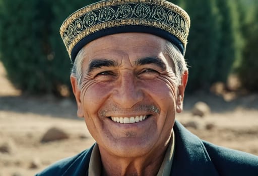 A joyful Tajik man 75 years old wearing traditional clothing stands outdoors with a broad smile against a natural backdrop on a sunny day. A resident of Tajikistan smiles. Generated by AI