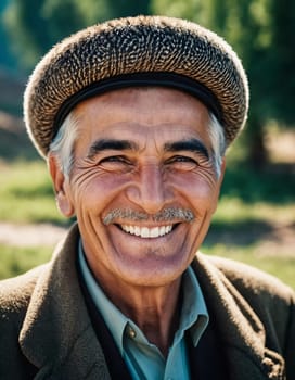 A joyful Tajik man 75 years old wearing traditional clothing stands outdoors with a broad smile against a natural backdrop on a sunny day. A resident of Tajikistan smiles. Generated by AI
