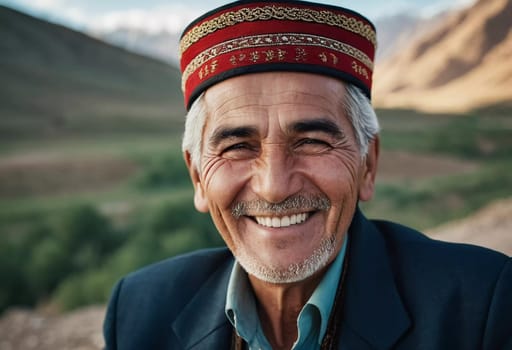 A joyful Tajik man 75 years old wearing traditional clothing stands outdoors with a broad smile against a natural backdrop on a sunny day. A resident of Tajikistan smiles. Generated by AI