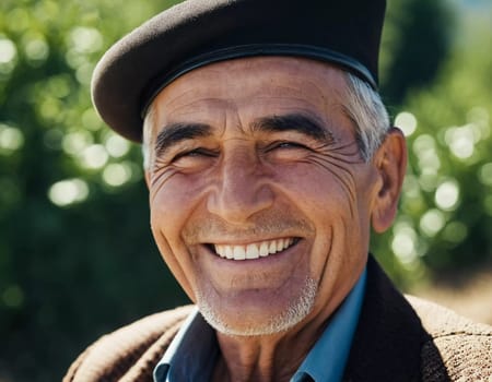 A joyful Tajik man 75 years old wearing traditional clothing stands outdoors with a broad smile against a natural backdrop on a sunny day. A resident of Tajikistan smiles. Generated by AI
