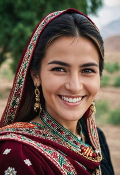 A Tajik woman 30 years old stands gracefully, showcasing her traditional attire against a breathtaking backdrop of mountains and lush green fields, reflecting her cultural roots. Generated by AI.