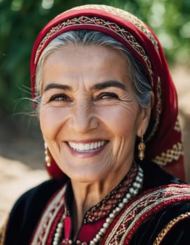 A mature Tajik woman 75 years old smiles showcasing intricate traditional attire and rich cultural heritage of her nationality, evoking wisdom and grace. Brunette woman, wearing a headscarf. AI.