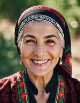 A mature Tajik woman 75 years old smiles showcasing intricate traditional attire and rich cultural heritage of her nationality, evoking wisdom and grace. Brunette woman, wearing a headscarf. AI.