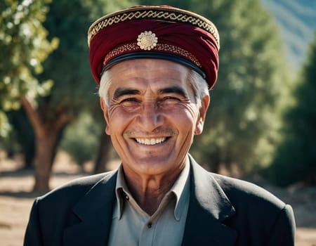 A joyful Tajik man 75 years old wearing traditional clothing stands outdoors with a broad smile against a natural backdrop on a sunny day. A resident of Tajikistan smiles. Generated by AI